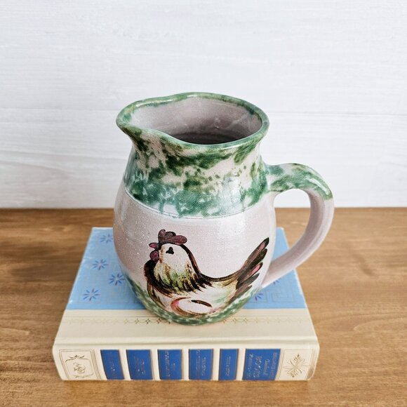 Studio Art Pottery Ceramic Green & Gray Chicken Rooster Jug Pitcher with Handle - Picture 3 of 10